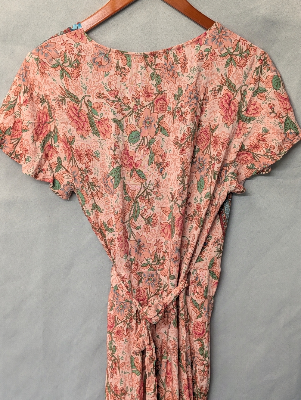 Bohemian Peach Floral Wrap And Tie Maxi Dress with Contrasting Border Size L - Picture 13 of 16